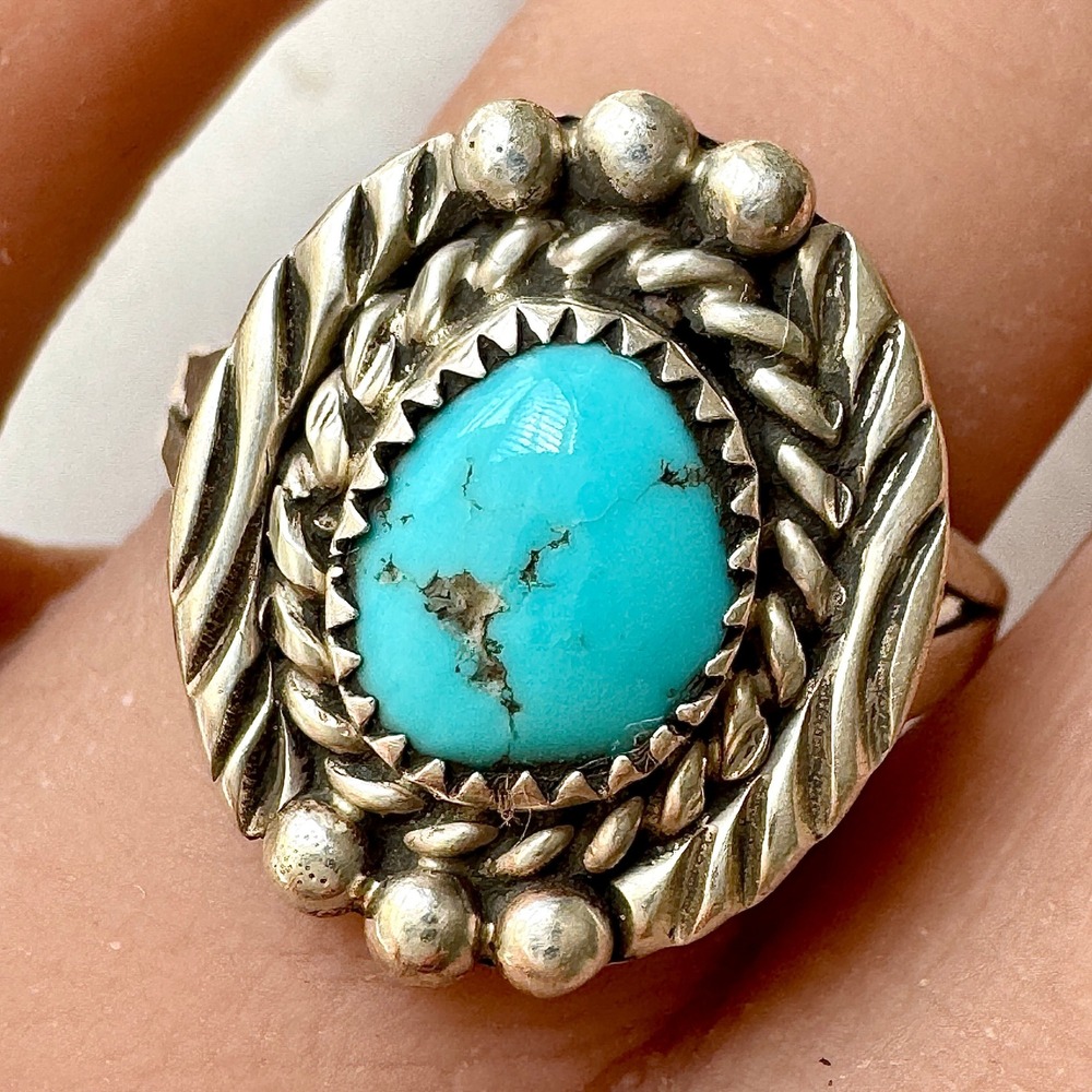 Navajo Turquoise Ring Sz 10.5 Sterling Begay Native American Tooled Rope Bezel